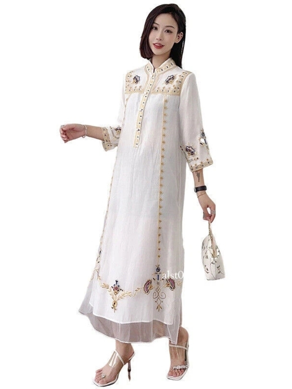 Embroidered White Longline Maxi Dress with Gold Accents